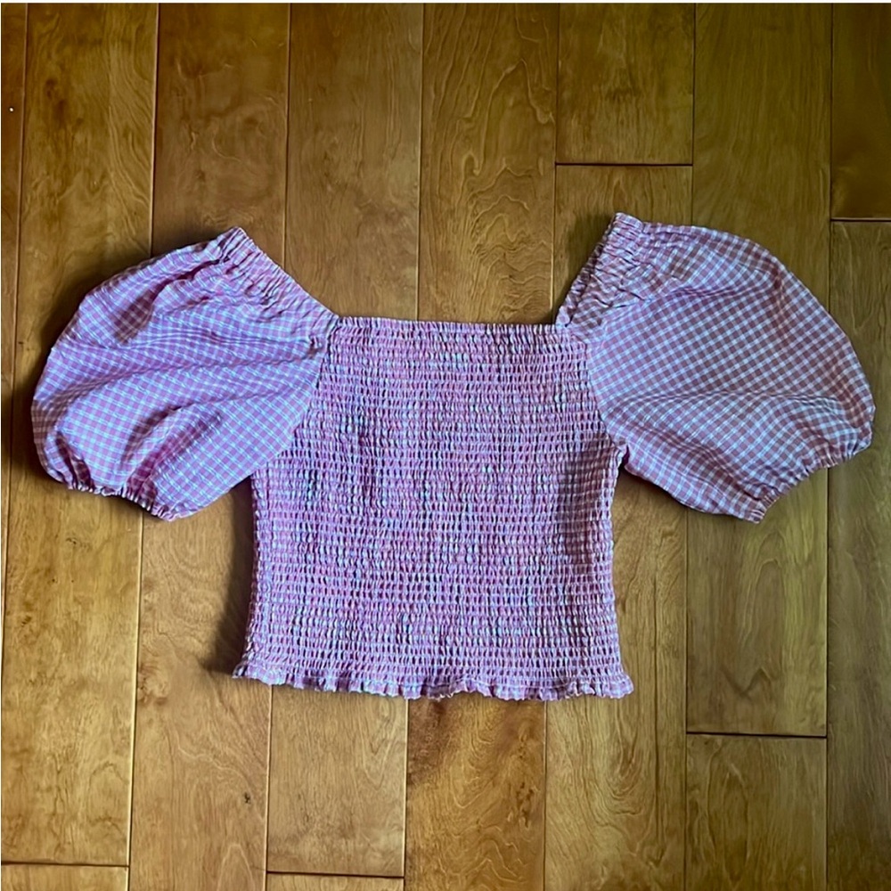 BB Dakota Pink Gingham Smocked Puff Sleeve Crop Top Size M Cottagecore coquette - Picture 2 of 10